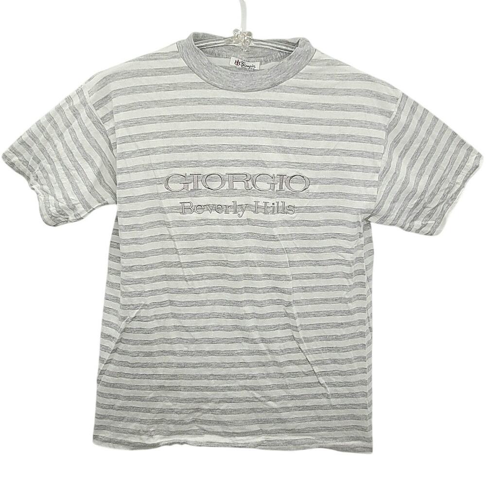 Giorgio Beverly Hills Vintage‎ 80s Embroidered Striped Short Sleeve T Shirt